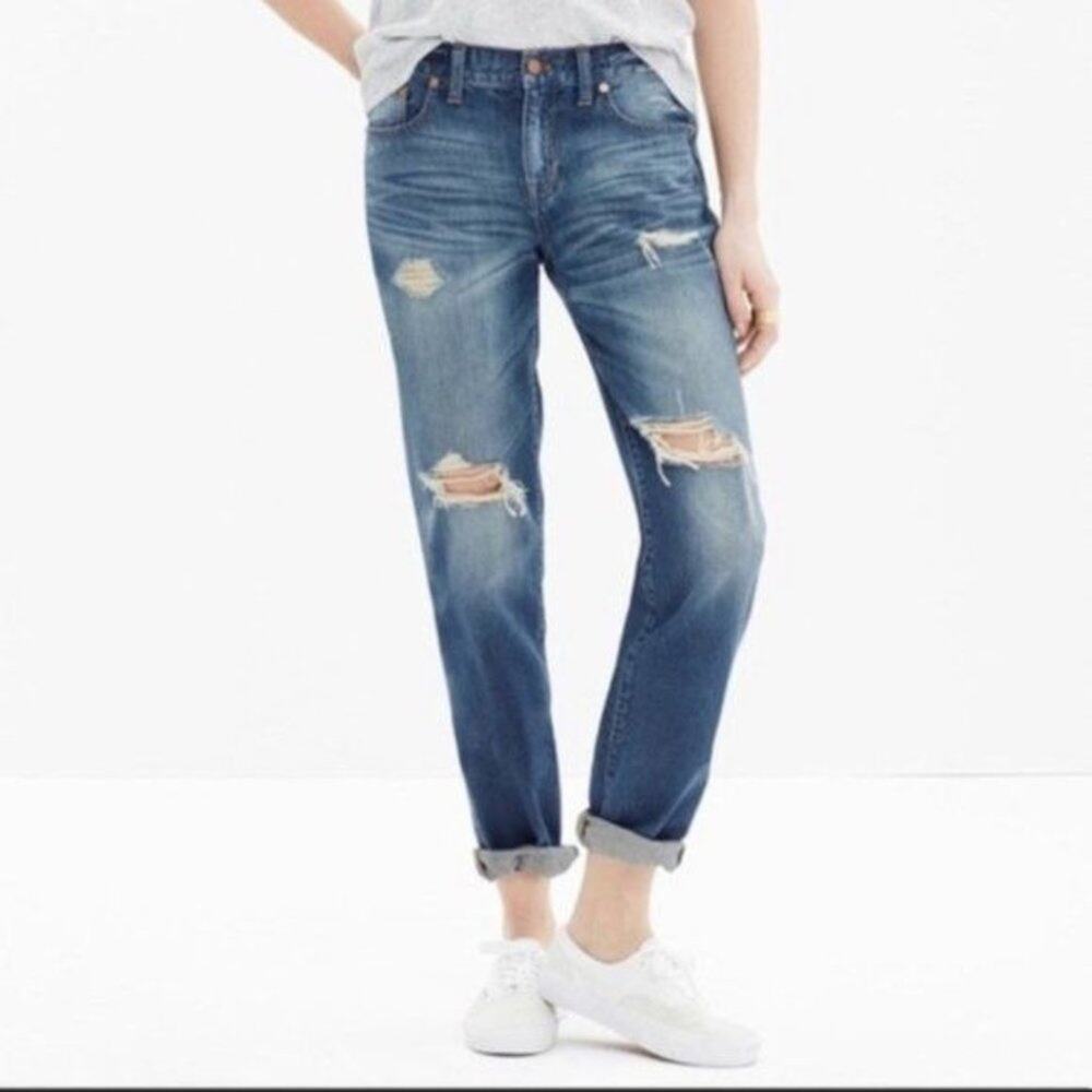 Madewell Medium Wash Distressed Whiskering Straight Leg Boy Jeans Size 24